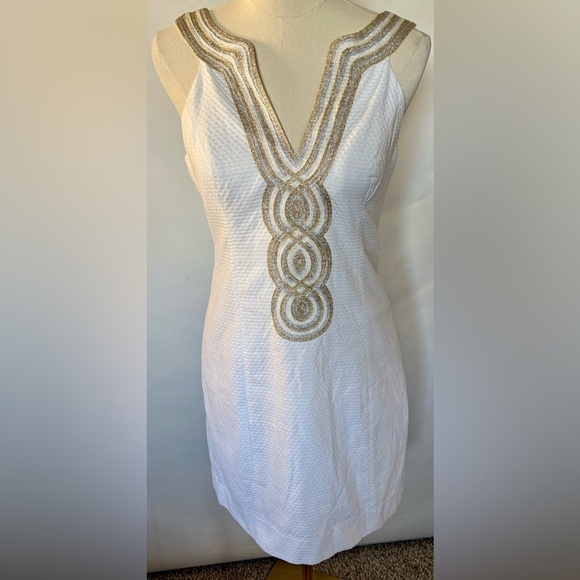NWOT Lily Pulitzer Valli Shift Dress Resort
White w/Gold Silver Trim Size 4 - Picture 3 of 13